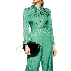 Topshop Tie Neck Jacquard Green Jumpsuit Size 8